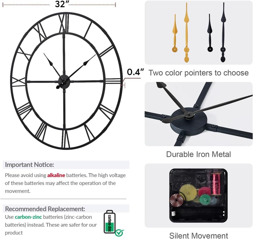 Ohweog Large Wall Clock for Living Room Decor – 32 Inch Silent Non-Ticking Modern Farmhouse Wall Clock, Oversized Decorative Metal Roman Numeral Clock, Black