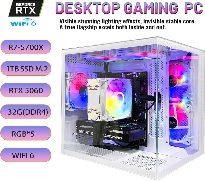 suevery High End Desktop Computer | Ryzen 7 5700X + RTX 5060 8G | 32GB DDR4 + 1TB SSD | WIFI6| Streaming Office VR Home Video 5K Editing Gaming PC