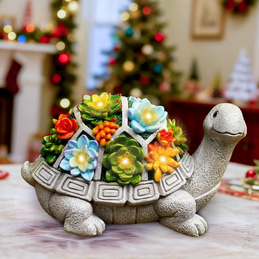 Nacome Solar Garden Outdoor Statues Turtle with Succulent and 7 LED Lights - Lawn Decor Tortoise Statue for Patio, Balcony, Yard Ornament - Unique Housewarming Gifts