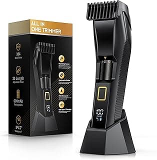 Men's Beard Trimmer-All-in-One Mustache Trimmer for Men with 20 Length Adjustable, Stainless Steel T-Blade for Precision Facial Hair Trimming Cordless IPX7 Waterproof Wet/Dry Clipper,LED Display