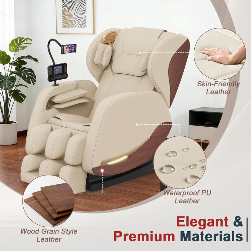 2026 Massage Chair, Massage Chairs Full Body and Recliner with 10 Fixed Points, Zero Gravity, Wood Grain Leather, Foot Massage, Airbags, Lumbar Heating, Bluetooth and Control Screen (Ivory White)