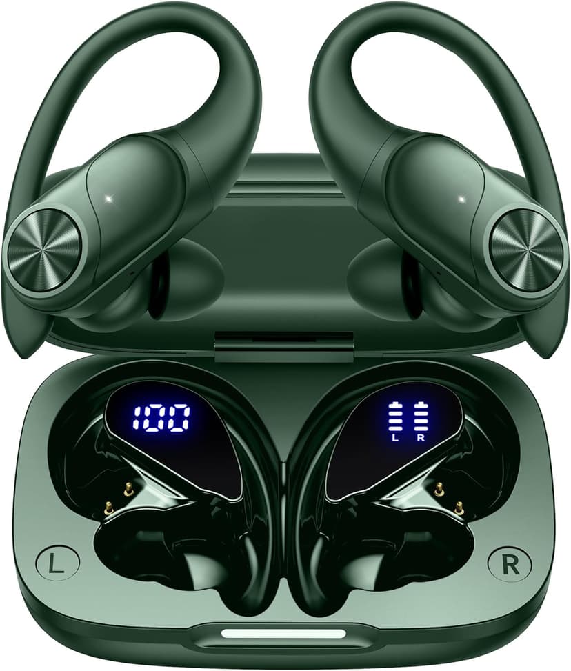 PocBuds Bluetooth Headphones Wireless Earbuds 80hrs Playtime Wireless Charging Case Digital Display Sports Ear Buds with Earhook Deep Bass IPX7 Waterproof Over-Ear Earphones for TV Phone Laptop Olive