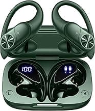 PocBuds Bluetooth Headphones Wireless Earbuds 80hrs Playtime Wireless Charging Case Digital Display Sports Ear Buds with Earhook Deep Bass IPX7 Waterproof Over-Ear Earphones for TV Phone Laptop Olive