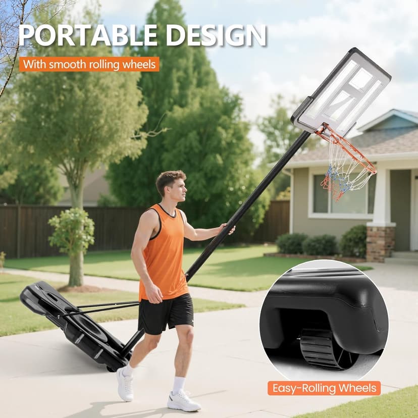 Sweetcrispy Portable Basketball Hoop Outdoor 6.1-10FT Adjustable Height, 44 Inch Shatterproof Backboard/Shock Absorbent Rim, Fillable Base, 2 Wheels for Backyard/Driveway