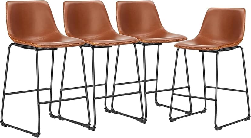 DUMOS 26 Inch Counter Height Bar Stools Set of 4, Modern Faux Leather High Barstools with Back and Metal Leg, Upholstered Bar Chairs for Kitchen Island, Brown
