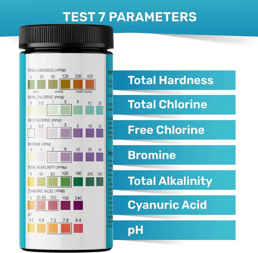 JNW 7-in-1 Pool Test Strips, 150 Quick & Accurate Test Strips for Pool Water, Spa Test Strips for Hot Tub, Chlorine Test Strips, Bromine, pH, Alkalinity, Hardness & More - Swimming Pool Test Kit