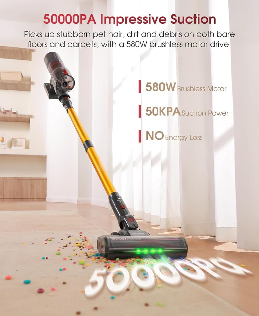 UNINELL HOME Cordless Vacuum Cleaner, 48000Pa 550W 65Mins Vacuum Cleaners for Home,LED Touch Display, Anti-Tangle Stick Vacuum Self-Standing, Vacuum Cordless Rechargeable for Pet Hair/Carpet