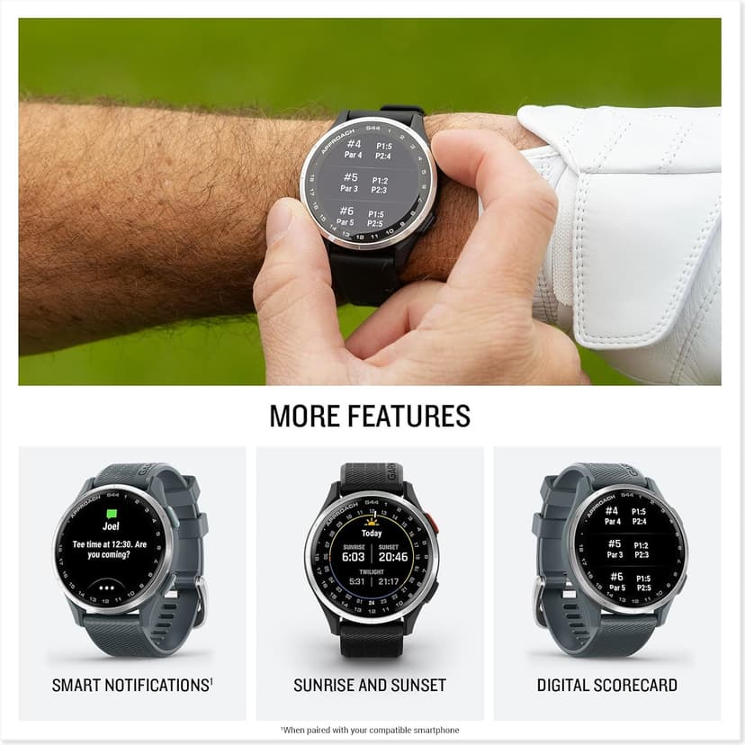 Garmin Approach® S44, Essential Golf GPS Smartwatch, AMOLED Display, On-Course Features, Silver Aluminum Bezel with Black Silicone Band