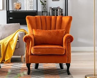Kmax Orange Accent Chair Velvet Wingback Chair with Pillow Nail-Head Channel Tufted Oversized Club Chair for Living Room Bedroom Guest Room