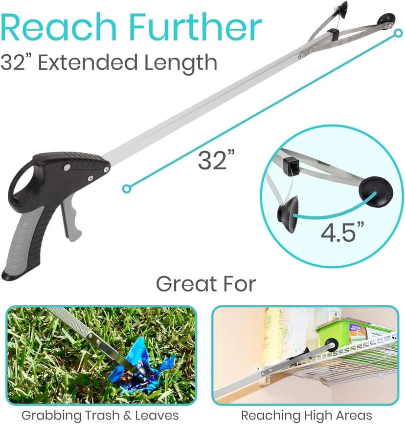 Heavy Duty for Seniors - Trash, Sticks, Litter Picker Upper - Extra Long Reach Handle & Handy Extension Arm Claw Vive Suction Cup Grabber Reacher 32" - Elderly Grab It Reaching Pickup Tool B00O47ILVA