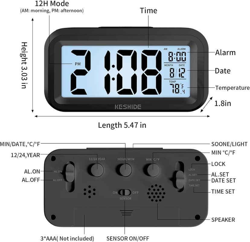 KESHIDE Digital Alarm Clock Battery Operated with Indoor Temperature, Desk Small Clock,Snooze Model,12/24H Display for Bedrooms Heavy Sleepers Kids Travel Bathroom (Black)