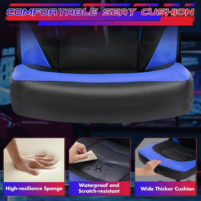 Sweetcrispy Computer Video Game Chair - Ergonomic Home Office with Comfy Lumbar Support, PU Leather Height Adjustable with Flip-up Armrest and 360° Swivel Wheels, Blue, for Adults, Teens