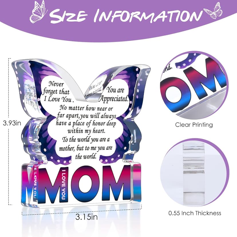 Mom Birthday Gifts from Daughter Son, I Love You Mom Gift for Mother New Bonus Step Moms Mama, Gifts for Moms Unique, Best Mom Ever Gift Ideas, Butterfly Acrylic Decorative Signs Plaques