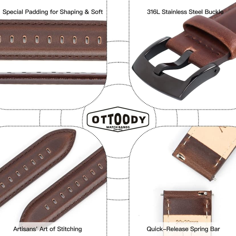 OTTOODY Leather Watch Bands Quick Release, Elegant Top Grain Leather Watch Straps for Men & Women, Choice of Color & Width - 18mm, 19mm, 20mm, 21mm or 22mm Wristbands Bracelet for Watch & Smartwatch