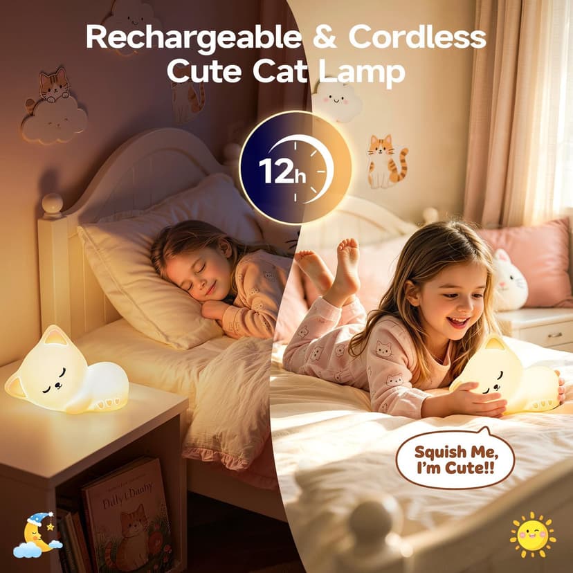 5-Level Dimmable Tap Night Light with Rechargeable Battery. Cute Stuff,Cat Room Decor & Gifts for Women,Adults, Teens & Kids. Mubarek Sleepy Cute Cat Gifts - 16-Color Silicone Night Light with Remote B0D8QGT88D
