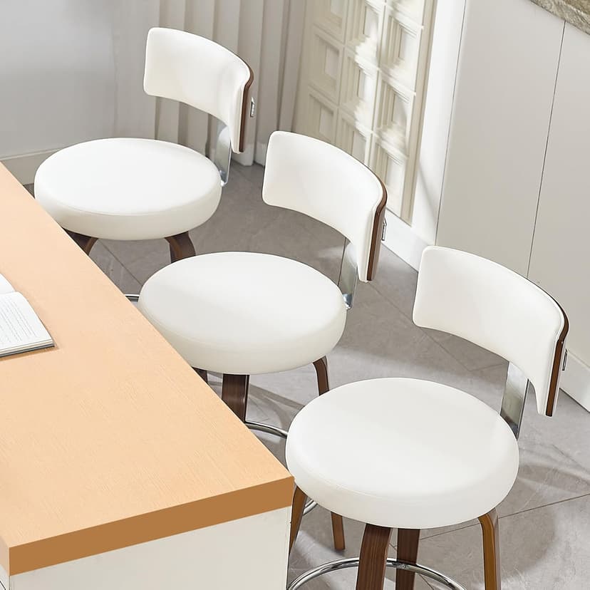 Bekrvio Swivel Counter Height Bar Stools Set of 3, Faux Leather Kitchen Stools Upholstered Barstools with Back, Walnut Wood Legs, Mid Century Island Chairs Counter Stools, 26" Seat Height, White