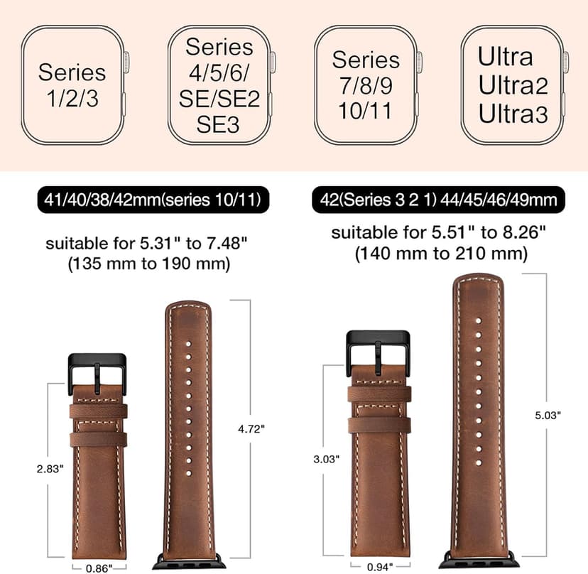SUNFWR Leather Bands Compatible with Apple Watch Band 42mm(Series 3 2 1) 44mm 45mm 46mm 49mm for Men Women, Top Grain Genuine Leather Replacement Strap for iWatch Ultra 3 2 1, SE3 2 1, Series 11 10 9 8 7 6 5 4 3 2 1
