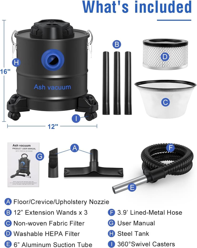 Oragerju Ash Vacuum, Pellet Stove Vacuum Cleaner, 5.3 Gallon, 20kPa, 1200W Powerful Motor with Blower Function, On Wheels and HEPA Filter, The Ash Vacuum for Pellet Stoves & Wood Stoves