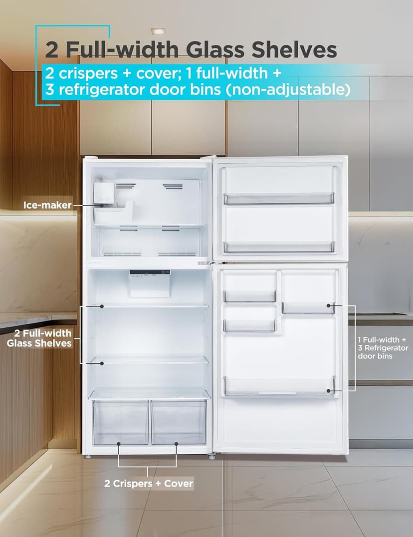 BLACK+DECKER 20.1 Cu. Ft. Top Mount Refrigerator with Ice Maker, 2-Door Refrigerator with Top Freezer, Freezer with Icemaker and Adjustable Temperature Control, BR2010JIMW, White