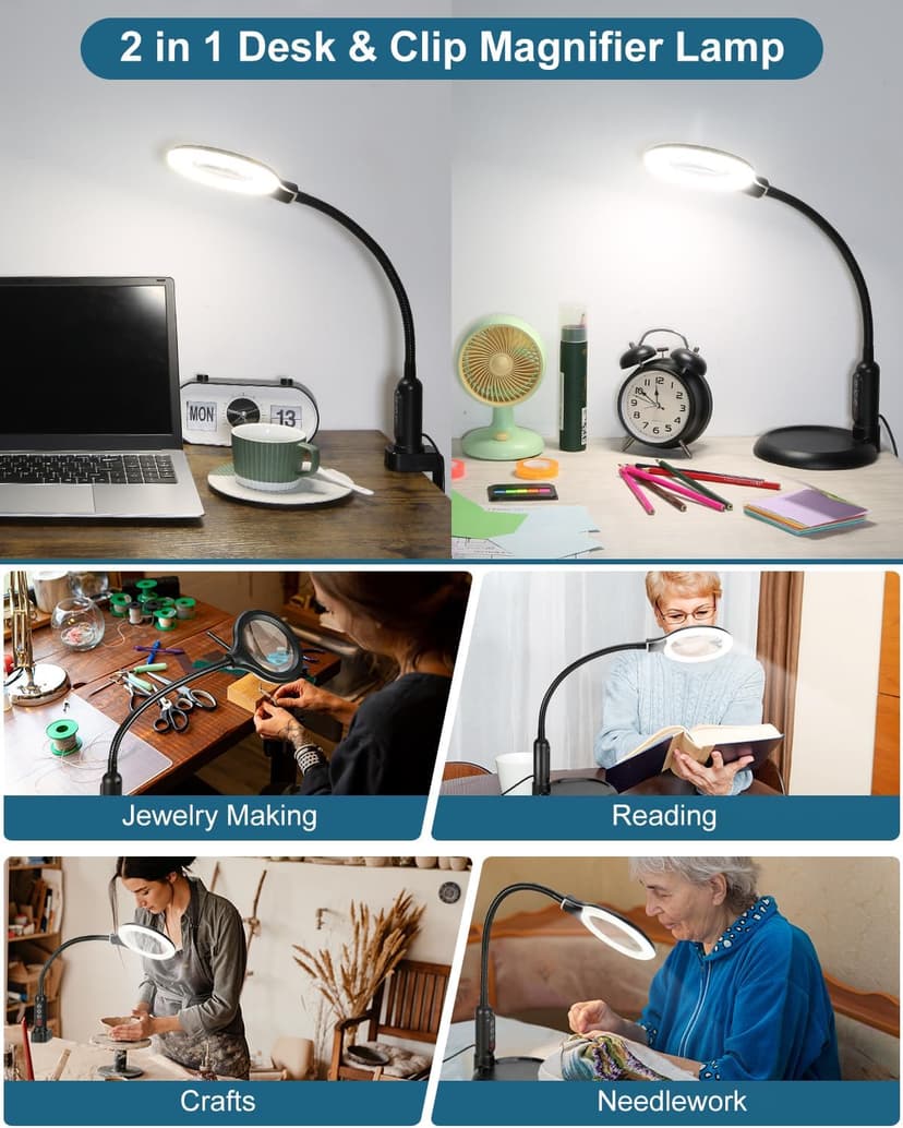 12X Magnifying Glass with Light and Stand, Real Glass, LED 5 Color Modes, Brightness Stepless Dimming Lighted Magnifier Hands Free with Flexible Gooseneck Desk Clamp Lamp for Close Work, Craft, Hobby B0DC3KH6XY
