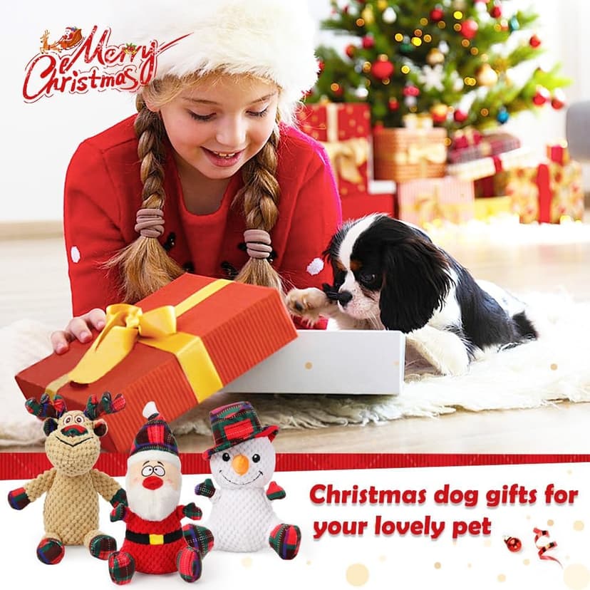 SZEE Dog Christmas Toys for Medium & Big Pets [3 Pack], Premium Dog Gifts, Christmas Doggy Plush Squeaky Chew Toys - Santa, Reindeer, Snowman B0DCMH5GY4