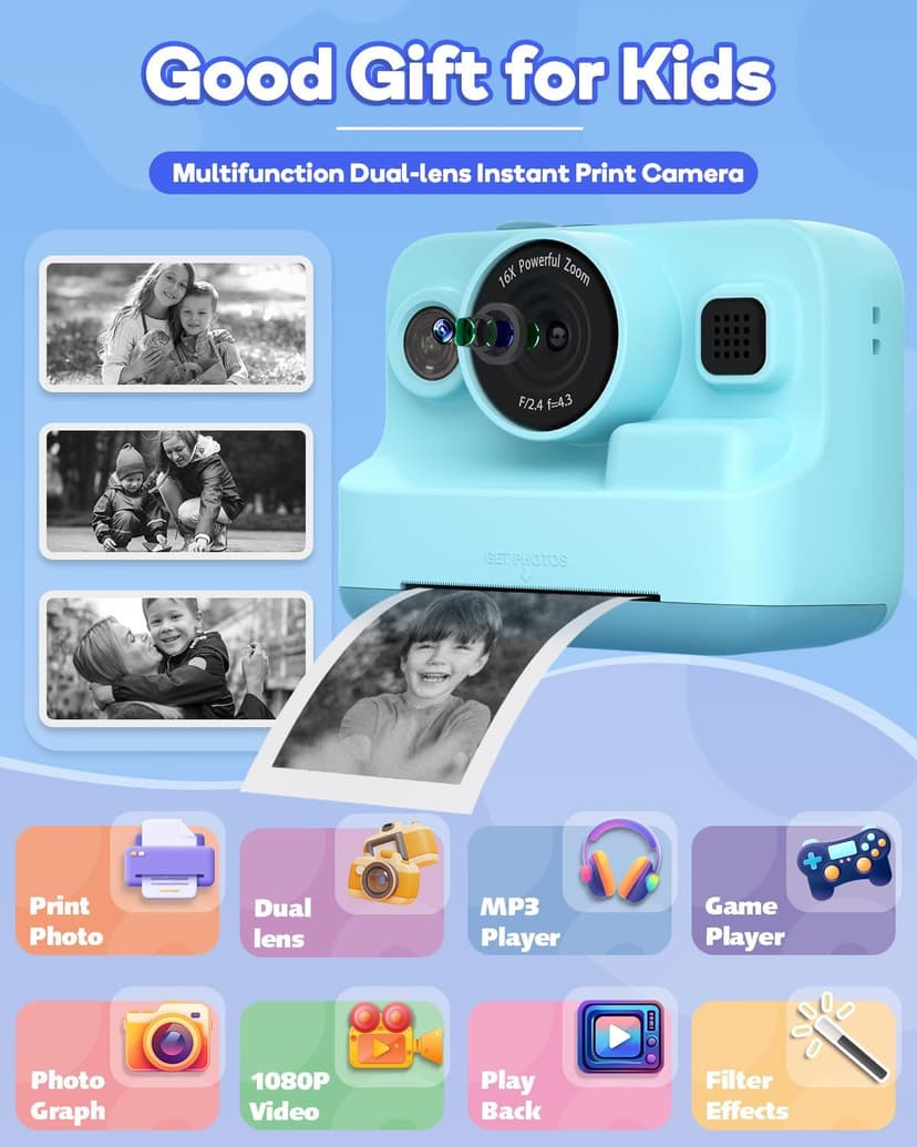 Dylanto Kids Camera Instant Print,1080P Kids Instant Cameras that Print Photos,Christmas Birthday Gifts for Girls Age 3-12,Portable Toy for 3 4 5 6 7 8 9 10 Year Old Girls Boys-Blue B0CQRFSFL6