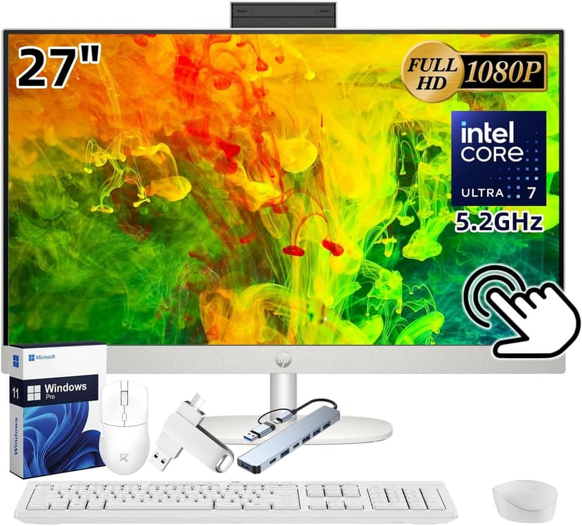 HP 27" All-in-One Touchscreen Desktop PC 2025 New, Intel Ultra 7 255U (Up to 5.2GHz), Intel AI Boost, 27 inch FHD Touchscreen Anti-Glare Display, 32 GB DDR5 5600MT/s, 1 TB Gen4 SSD, Windows 11 Pro