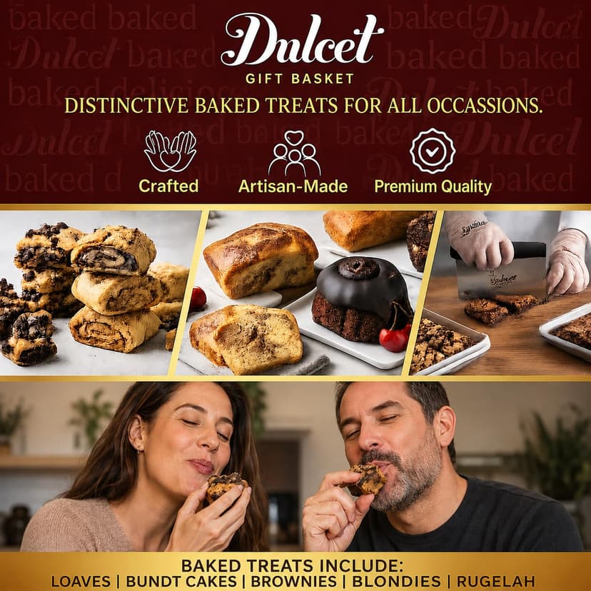 Dulcet Gift Basket - Beautiful Designed Box with Magnetic Closing Clasp - Gift Basket with Freshly Baked Gourmet Goods Each Individually Wrapped - Personalized Notes Included.
