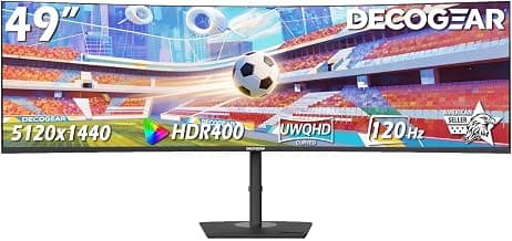Deco Gear 49 Inch Curved Monitor, 5K2K Ultrawide WDQHD Screen 5120×1440, R1500, HDR400, 120Hz, 32:9 VA Panel, USB-C 65W PD, Adaptive Sync, PBP/PIP, KVM Switch, Built-in Speakers & Ergonomic Stand