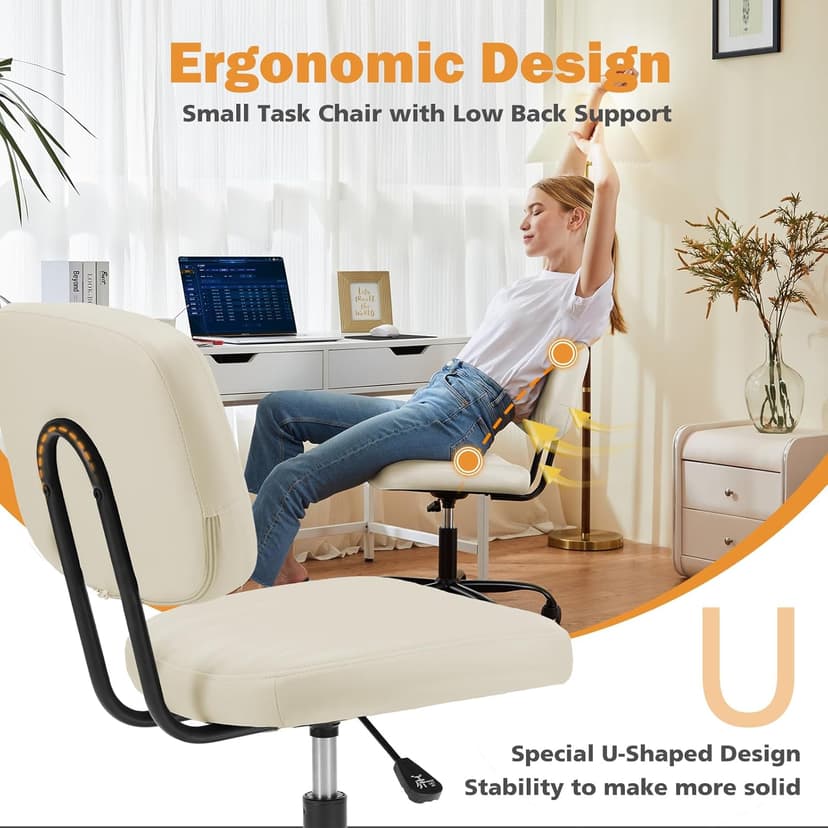 Sweetcrispy Small Office Desk Chair - Armless PU Leather with Comfy Lumbar Support, Height Adjustable Rolling Swivel Task for No Arms, for Adult, Student, Bedroom, Home, Vanity, Beige White