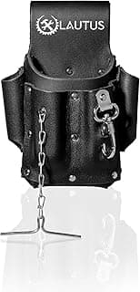 LAUTUS Electrician Full Top Grain Leather Tool Pouch; 5 Pocket Pouch with Electrical Tape Chain; Durable Compartments; Washer Rivets; Includes Metal Tool Clip; Black