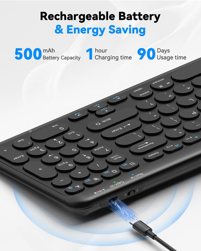 TECKNET Wireless Keyboard Bluetooth & 2.4G USB, Up to 4-Device Connection, USB C Rechargeable Battery, Quiet Typing, Compact Layout, 7° Ergonomic Tilt, Compatible with Windows/Android/iOS, Black