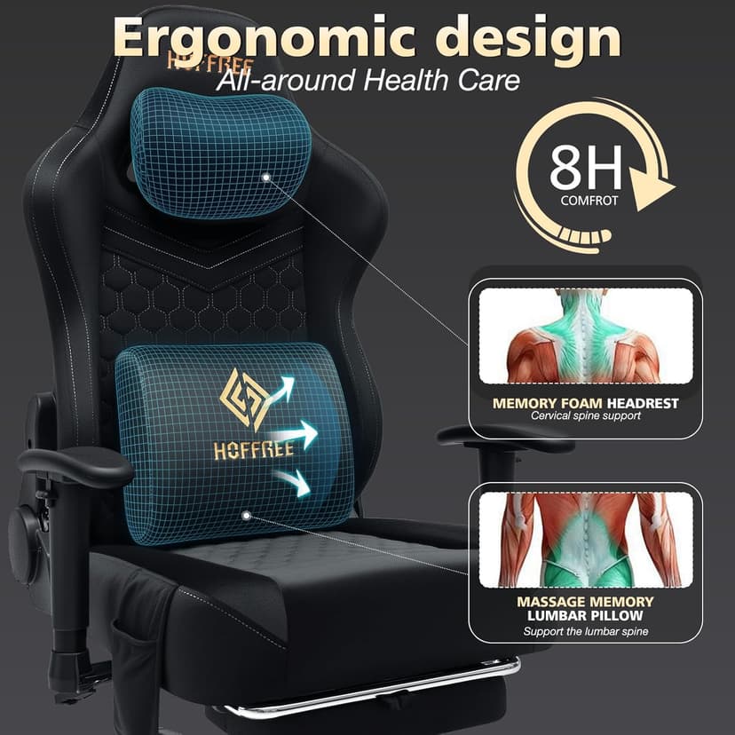 HOFFREE Gaming Chair with Speakers Bluetooth Massage Gaming Chairs for Adults Suede Fabric 165° Reclining Ergonomic Computer Chairs with Footrest Pocket Spring Cushion High Back Gamer Chair Black