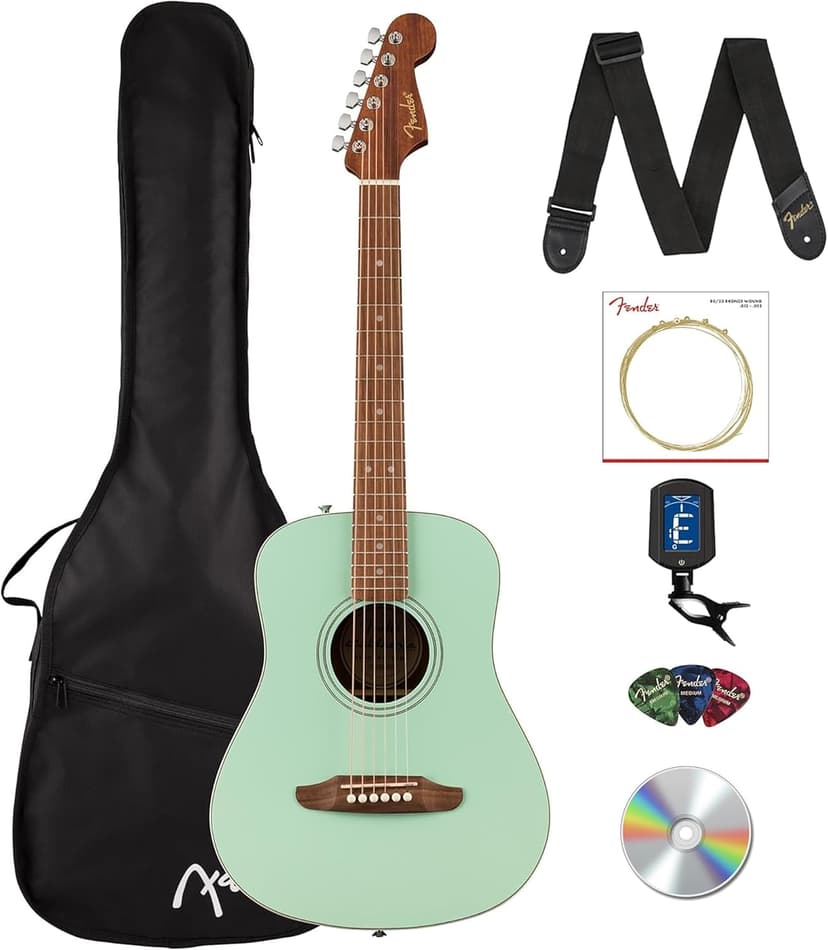 Fender California Standard Redondo Mini Acoustic Guitar - Surf Green Bundle with Gig Bag, Tuner, Strap, Strings, Picks, and Austin Bazaar Instructional DVD