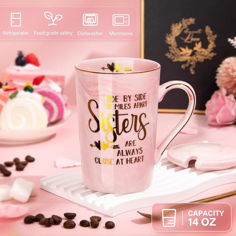 14oz Pink Marble Coffee Mug with Gold Print, Lid, Spoon, Greeting Card and Elegant Gift Box, Present for Big Sister Sister Birthday Gifts for Sister from Brother Sisters, 14oz Sisters Mug B0855VHN6G