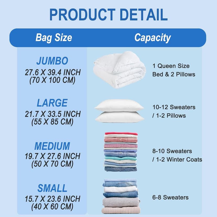 16 Pack Vacuum Storage Bags with Hand Pump, 4 Jumbo + 4 Large + 4 Medium + 4 Small Plastic Packaging Bags, 80% Space Saver Vacuum Seal Bags for Clothing, Travel Lugggage, Blankets, Comforters
