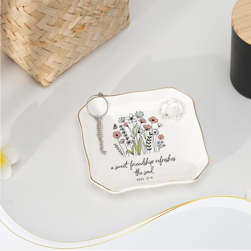 Soul Sister Gift for Women Christian - Sweet Friendship 4.5"X4.5" Floral Ceramic Jewelry Dish Tray - Tricket Dish HEXMOZ Friendship Gifts for Women Friends - Best Friend Birthday Gift Ideas B0FHHBVHR6