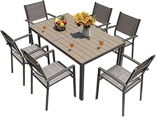 Homall Patio Dining Set 7 Pieces Outdoor Furniture with Large Table and 6 Textilene Chairs for Porch, Poolside, Yard and Garden, Light Grey