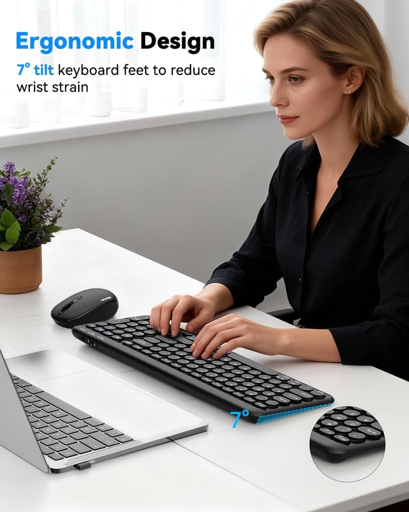 TECKNET Wireless Keyboard Bluetooth & 2.4G USB, Up to 4-Device Connection, USB C Rechargeable Battery, Quiet Typing, Compact Layout, 7° Ergonomic Tilt, Compatible with Windows/Android/iOS, Black