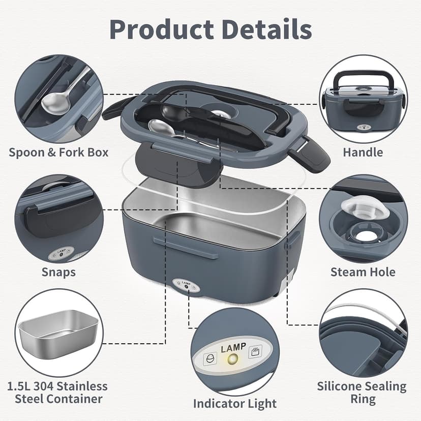 Vingud Electric Lunch Box for Adults, Heated Lunch Box Food Warmer, 80W 1.5L Portable Heating Lunchbox for Men/Work/Car/Truck, 12V 24V 110V Lonchera Eléctrica Portátil Christmas White Elephant Gifts B0C6GMBCP1