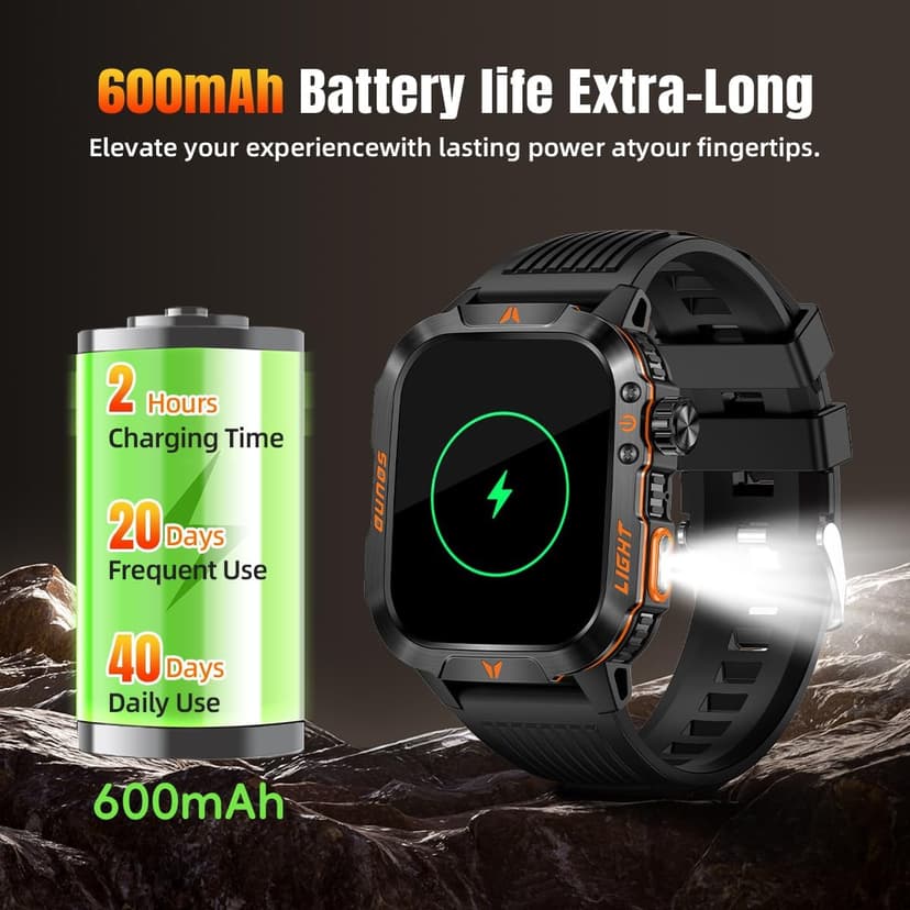 Military Smartwatch for Men, LED Flashlight Bluetooth Call IP68 Waterproof Heart Rate Blood Oxygen Sleep Tracker Fitness Pedometer Android iOS Compatible - Ideal for Hunting Hiking Extreme Sports