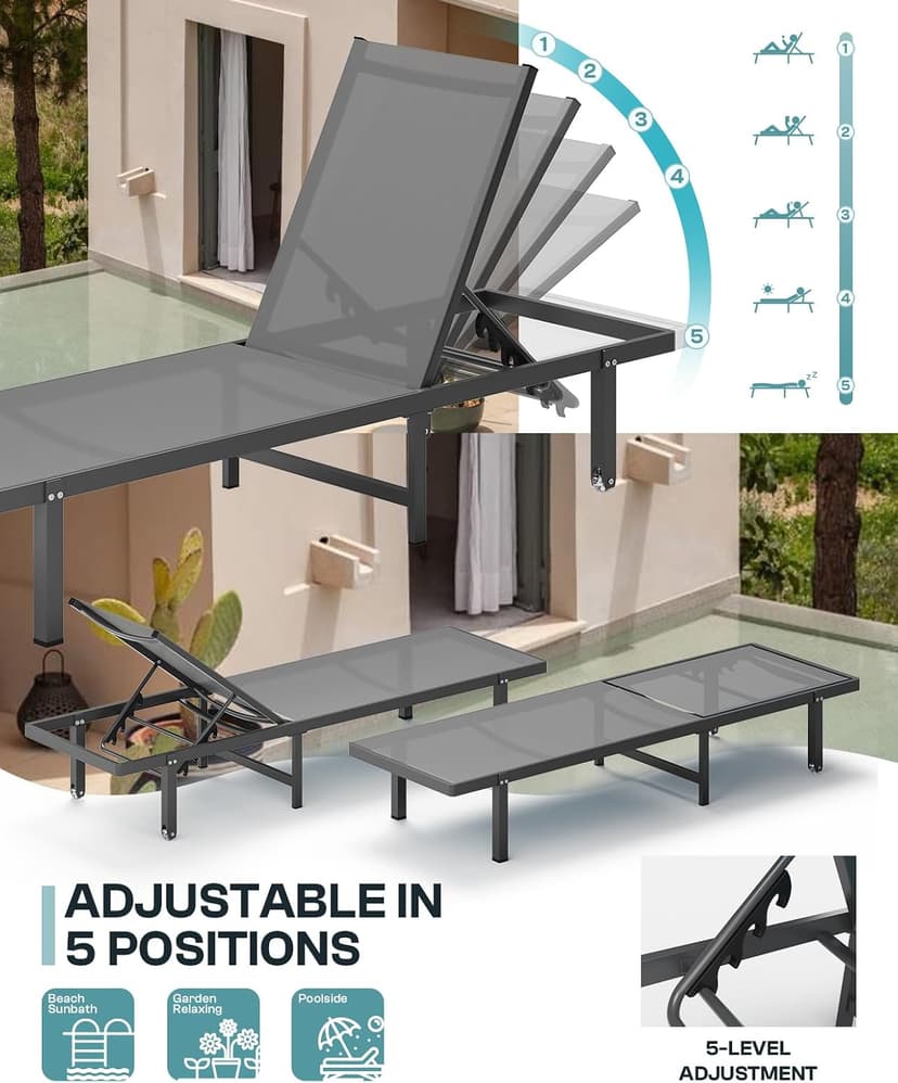 Lounge Chair Outdoor with Wheels, Aluminum Chaise Lounge Outdoor Chair with 5 Adjustable Backrest - Easy to Move- Pool Lounge Chairs for Patio, Poolside, Darkgray