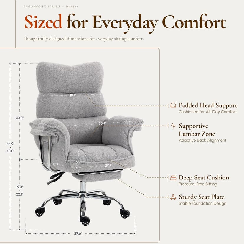 Dowinx Big and Tall Office Chair, Ergonomic Desk Chair with Thick Cushion, Wide Seat & Armrests Computer Gaming Chair,High Back Reclining Teddy Fleece Criss Cross Chair with Foot Rest, Gray