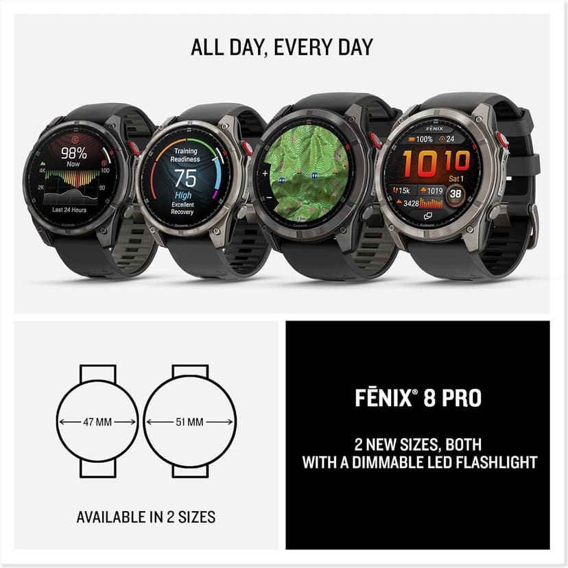 Garmin fēnix® 8 Pro, 51mm, AMOLED Display, Premium Connected Multisport GPS Smartwatch, inReach® Technology, Sapphire, Titanium with Graphite/Black Silicone Band