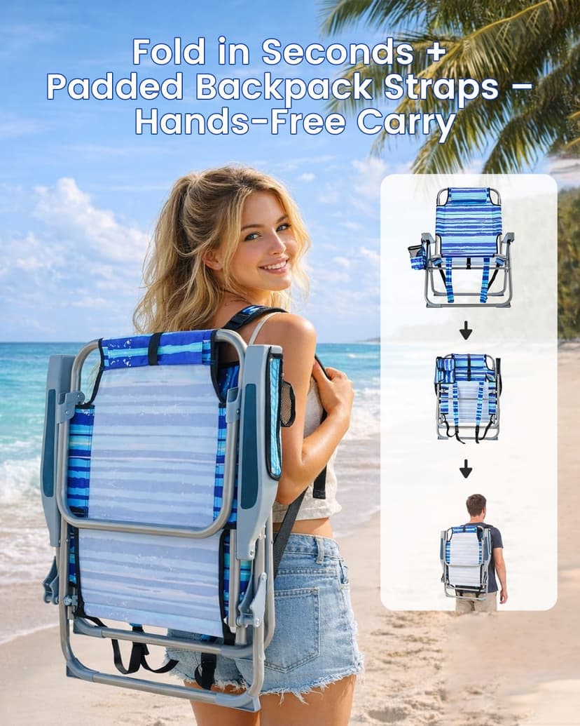 GVDV Backpack Beach Chairs for Adults 2 Pack, Portable Lay Flat Folding Chair with Cup Holder and Towel Bars, 4-Position Adjustable Reclining Chair for Beach, Camp, Outdoor, Blue Ocean