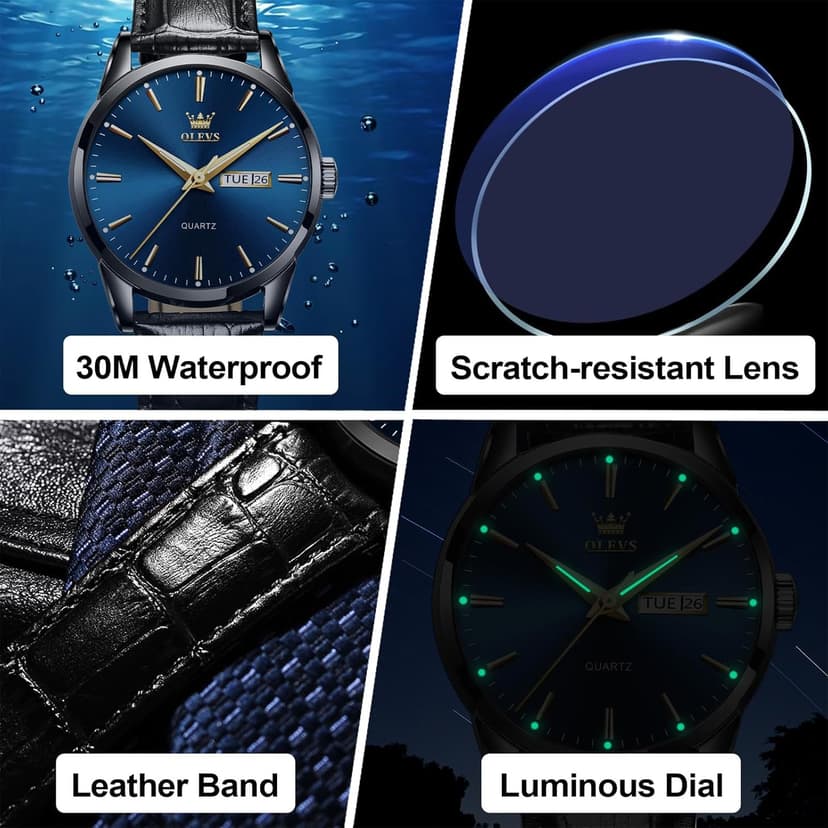 QBAIZI Men's Casual Leather Watch, Easy to Read Three-Hand Analog Stainless Steel Watches for Men, Minimalist Day Date Waterproof Luminous Mens Quartz Wristwatch