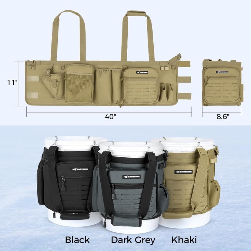 KastKing Karryall Fishing Bucket Organizer for 5 Gallon Bucket, Ice Fishing Tackle Bag with Adjustable Buckle, Rod & Plier Holder and Multi-Pockets for Fishing Gear & Accessories Storage,Khaki