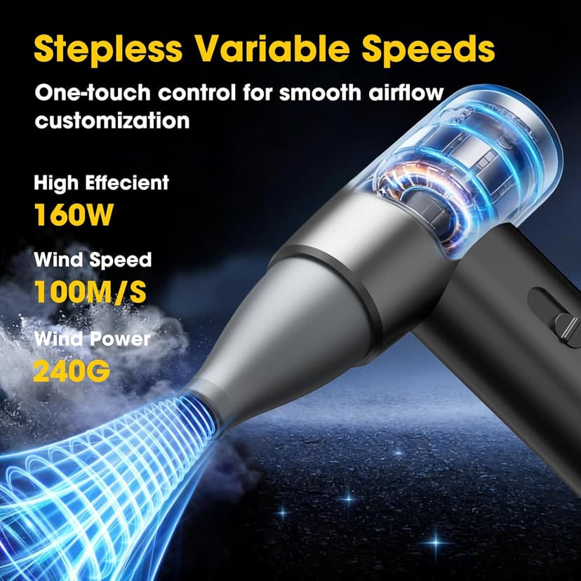 Metal Electric Compressed Air Duster, 300000RPM Brushless Motor with Stepless Speed, Rechargeable Cordless Mini Blower for Computer Keyboard Cleaning, Car Detailing, House and Outdoor Use(Black)