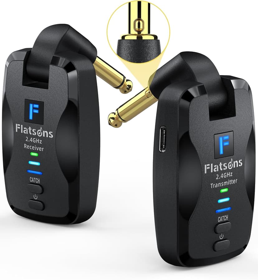 FW2D Wireless Guitar System Exclusive Mute Plug, 2.4 GHz Wireless Guitar Transmitter Receiver, 10H Working Cordless Guitar Transmitter Rechargeable USB C for Acoustic Electric Guitar Bass Ukulele etc