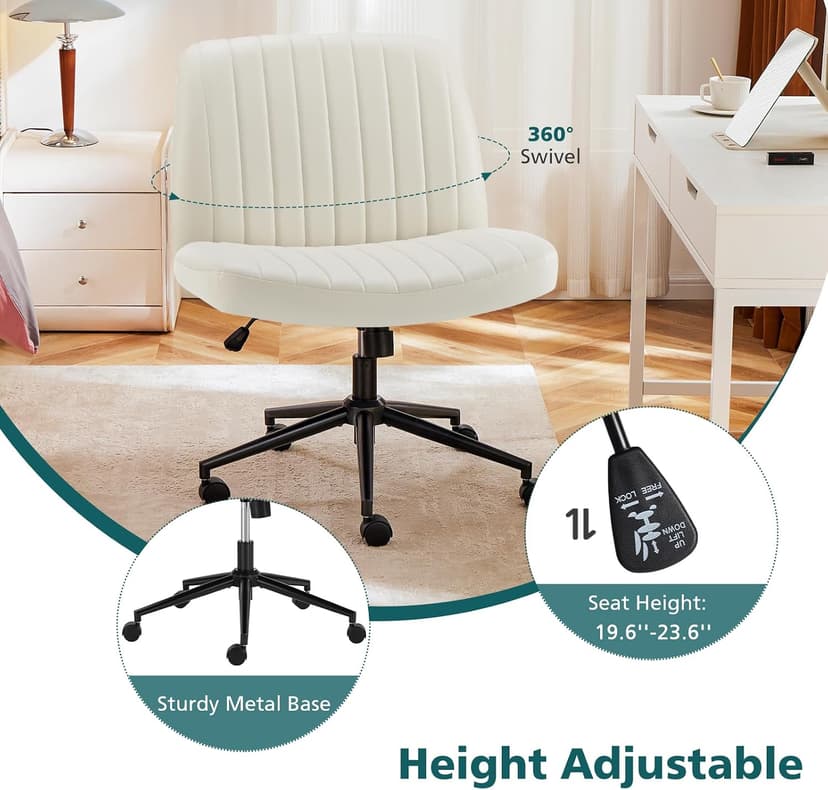OLIXIS Criss Cross Chair with Wheels Wide Cross Legged Office Desk Vanity Chair Comfy Fabric Armless Adjustable Swivel for Home Computer Task PU Beige